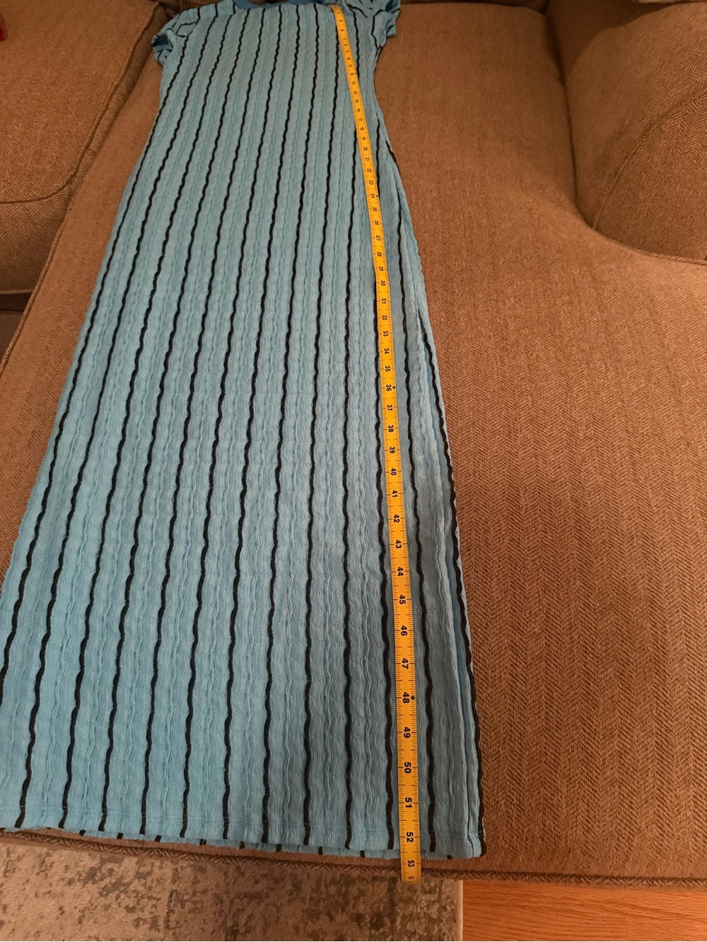 NWOT Aqua Blue Textured Stripe Maxi / Midi Dress Stretch Crinkle Knit Bodycon - Picture 9 of 9